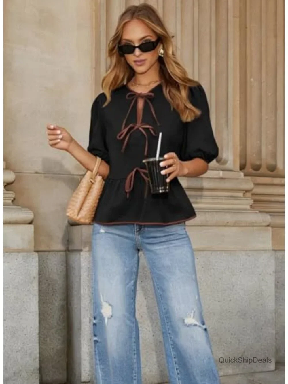 Bowknot Puff Short Sleeve Peplum Blouse Dressy Casual Flowy Top